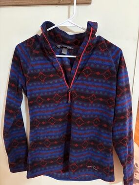 Eddie Bauer Blue and Red Patterned Half-Zip Fleece